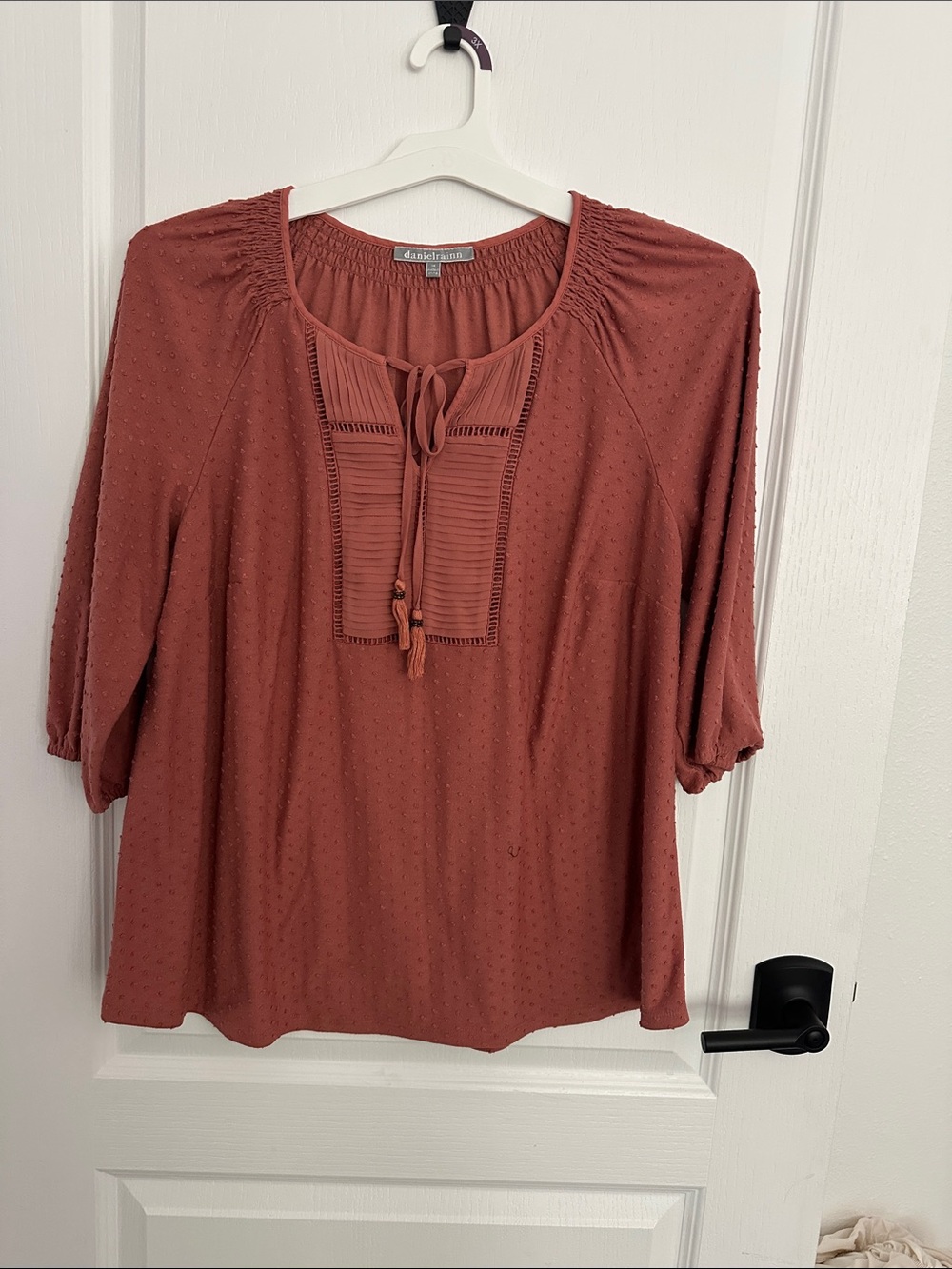 Daniel Rainn Burnt Orange Tie-Neck Textured Peasant Blouse - Picture 1 of 3